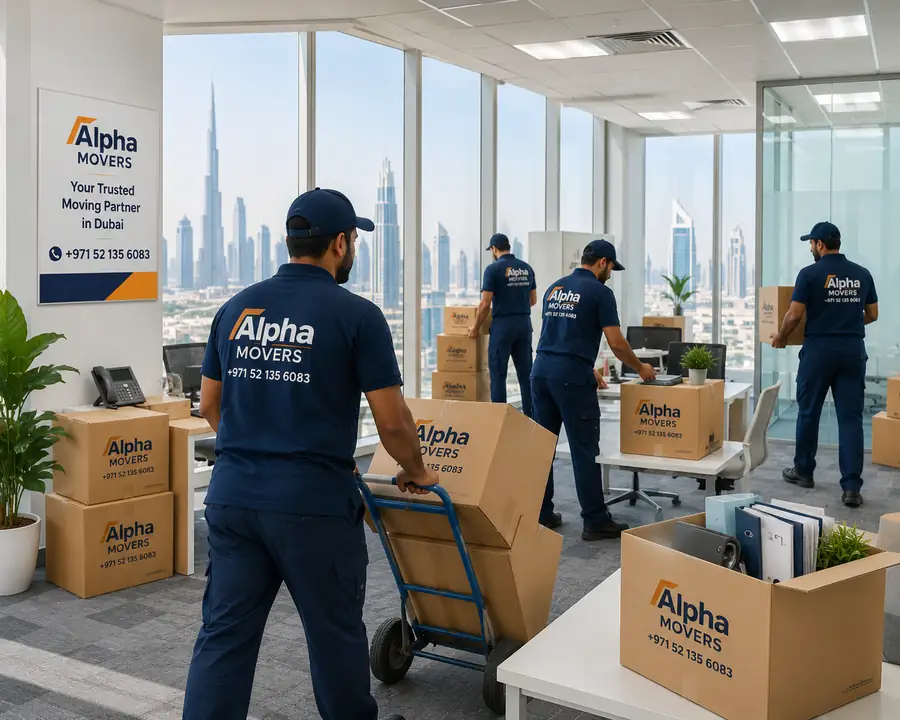 MB Movers Dubai team packing an office in Dubai