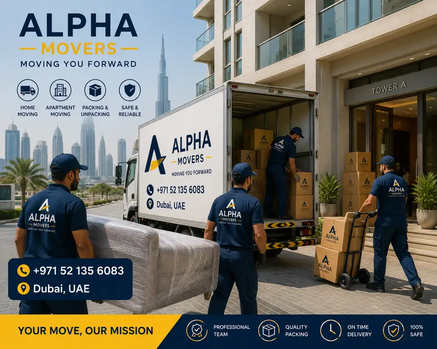 MB Movers Dubai truck unloading at a Dubai apartment tower